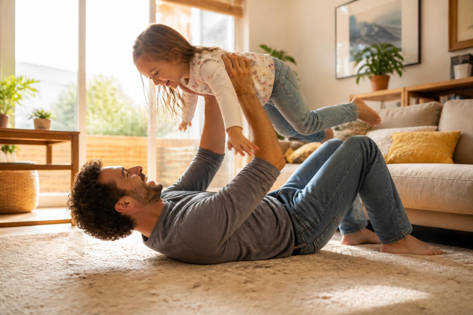 Parent playing with their child in a sunny living room
