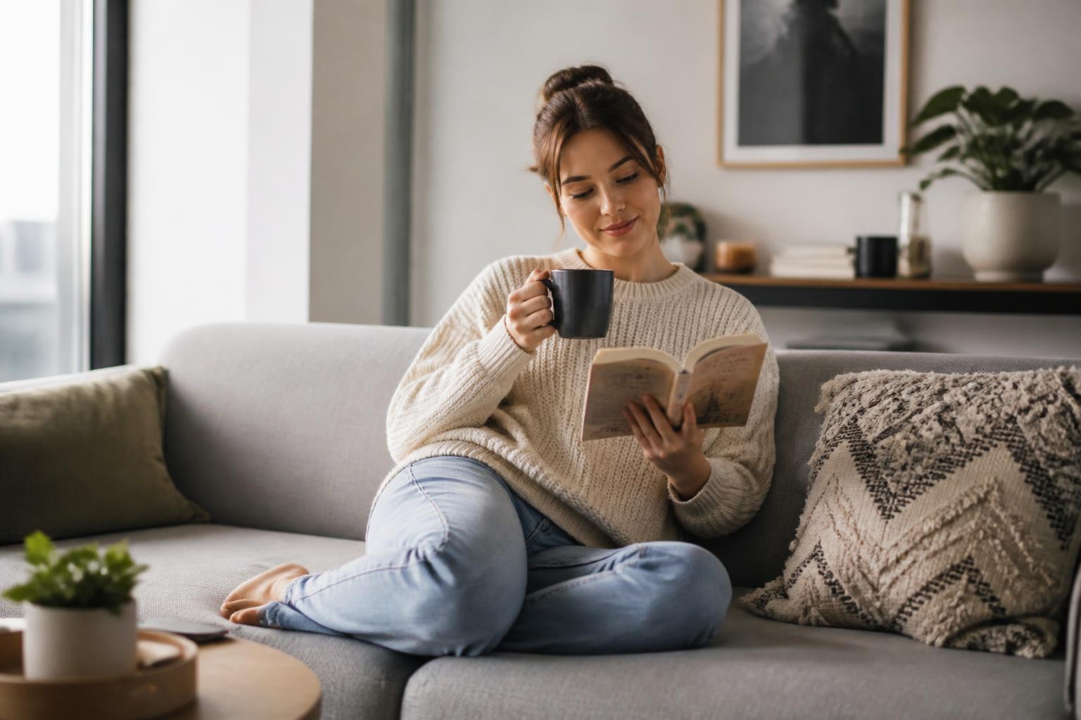 Professional relaxing on the sofa with a book and coffee